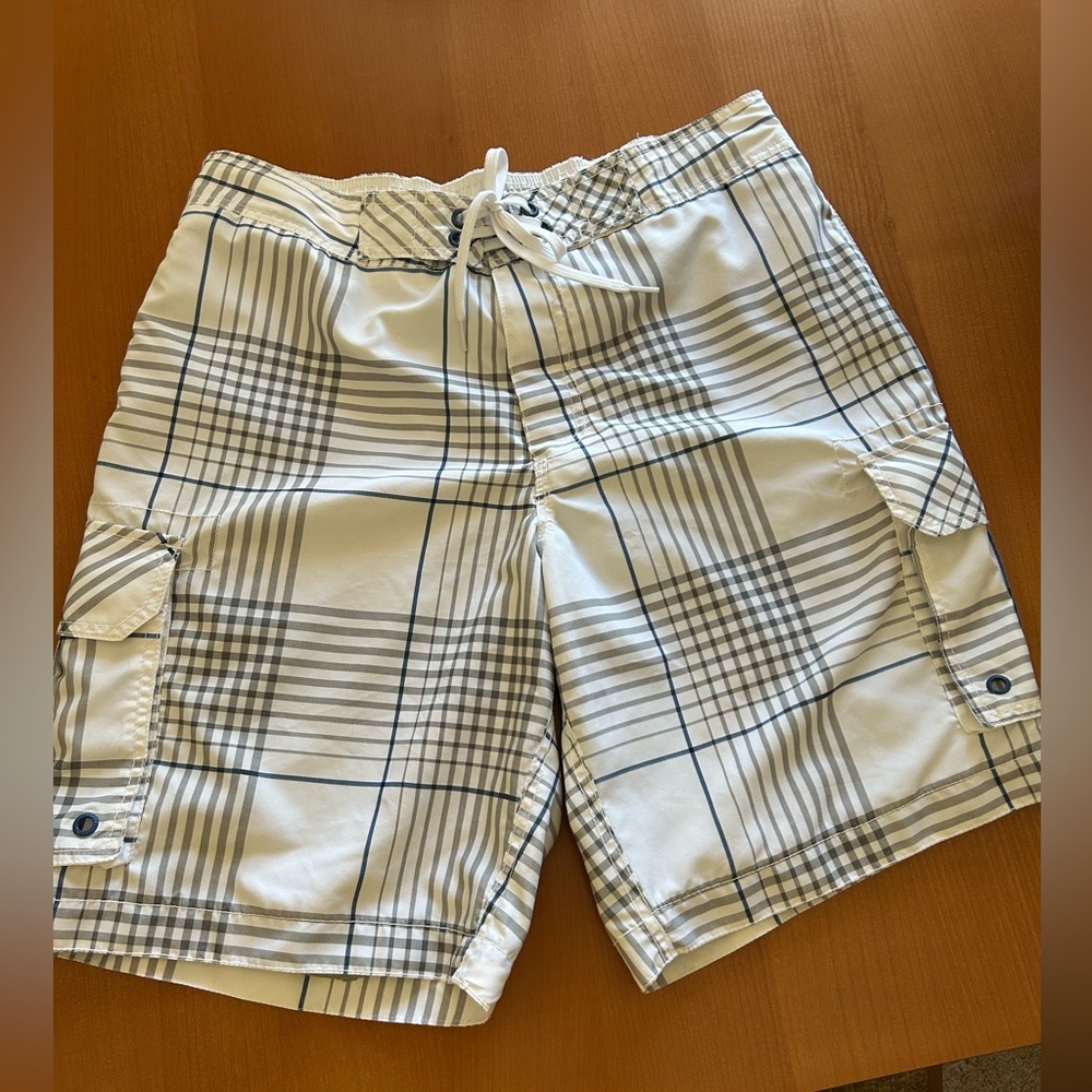 Old Navy Men's White and Gray Plaid Board Shorts
